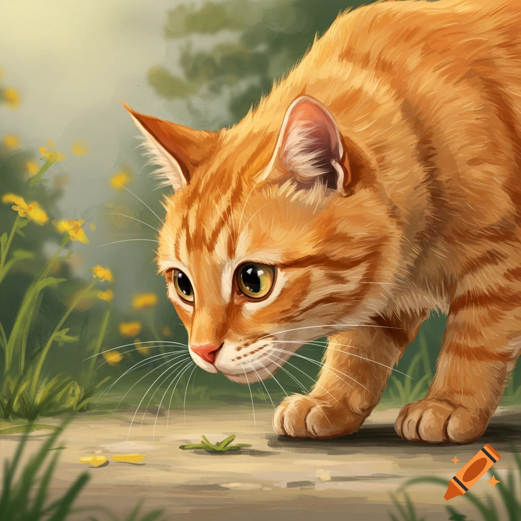 An orange tabby cat looking down at the ground outdoors.