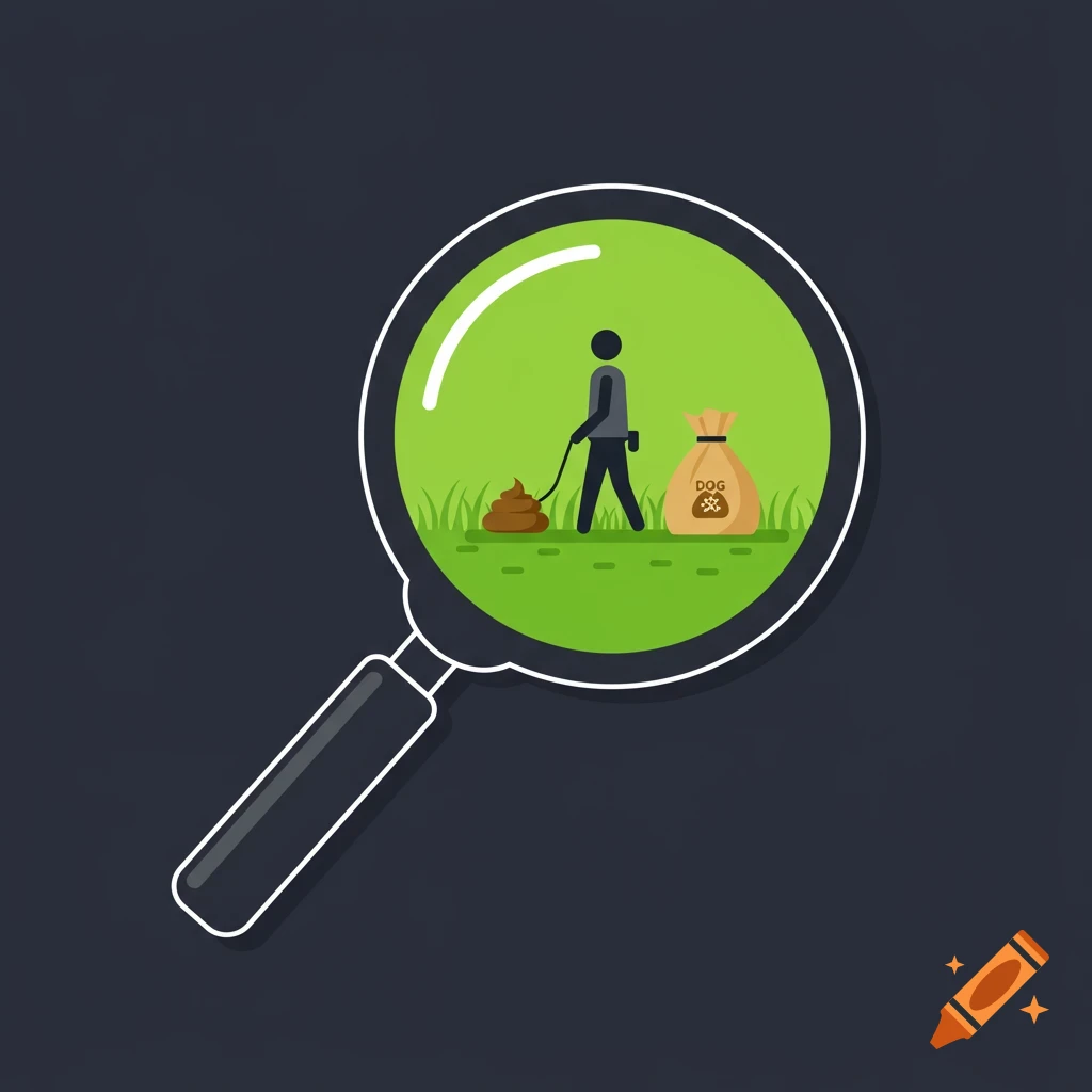 Illustration of a magnifying glass showing a person picking up dog poop and a dog waste bag.