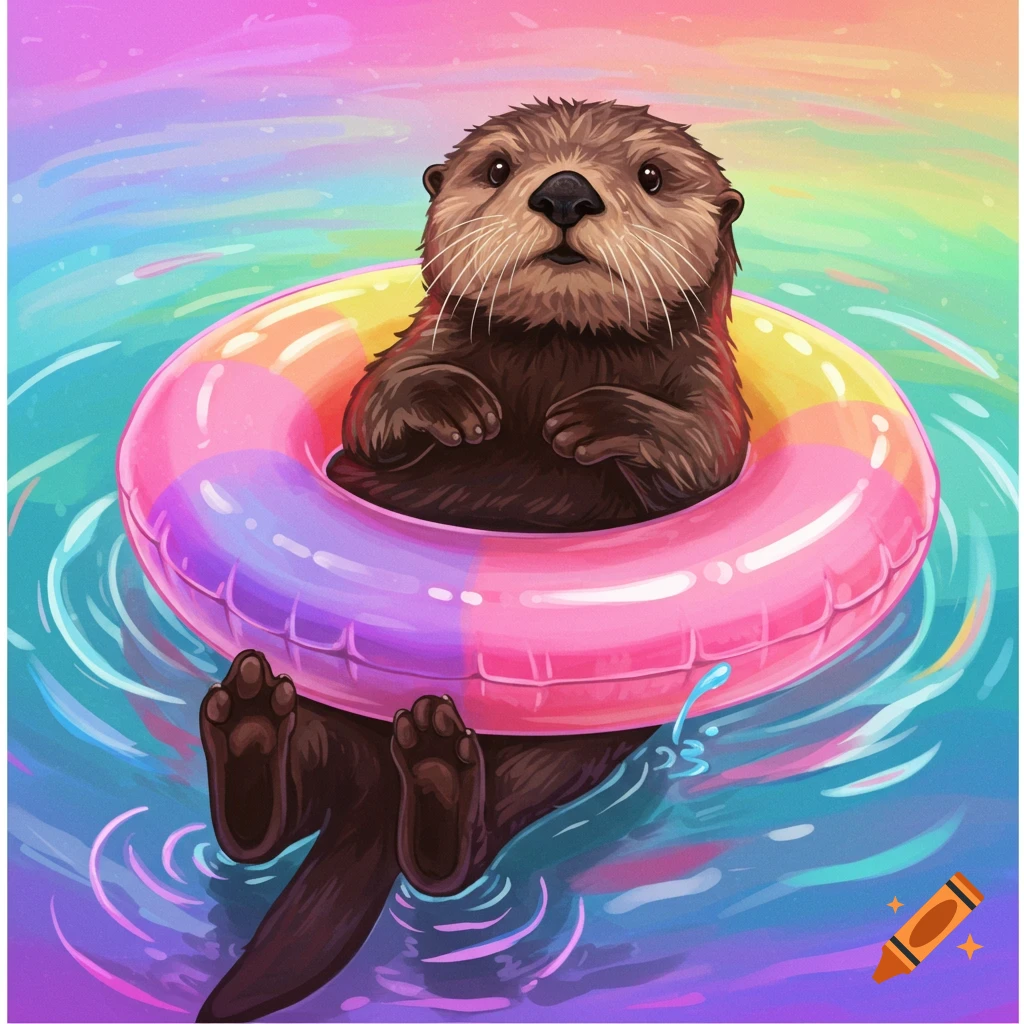 An adorable otter floats in a rainbow inner tube in rainbow-colored water.