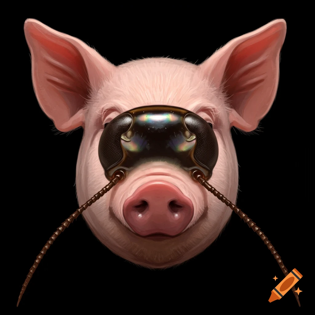 A pig's head with large insect compound eyes and antennae, on a black background.