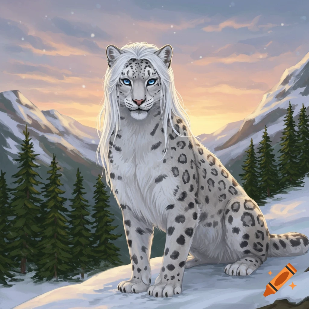 A snow leopard with white hair sitting in a snowy mountain landscape at sunset.