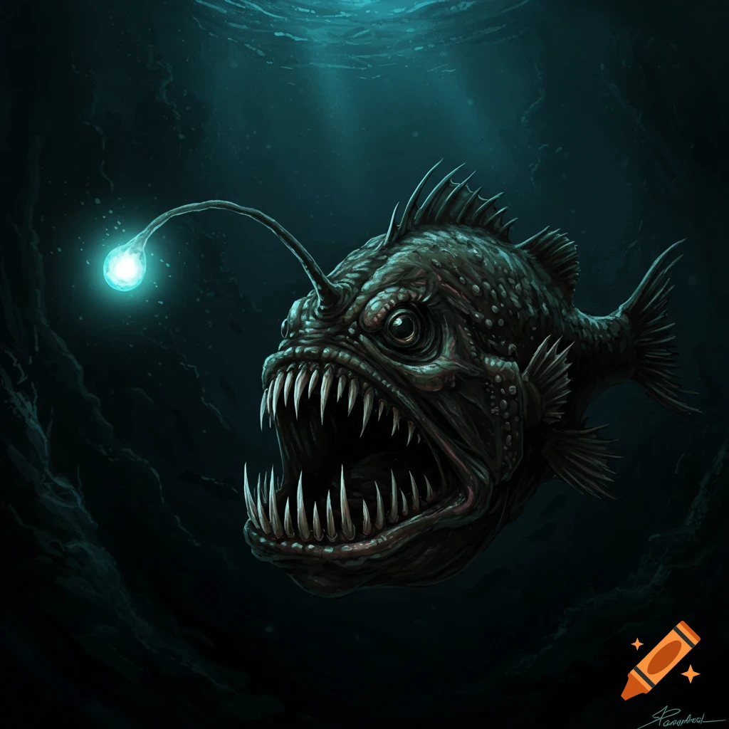 An angler fish in the dark deep sea with its light lure, illustration.