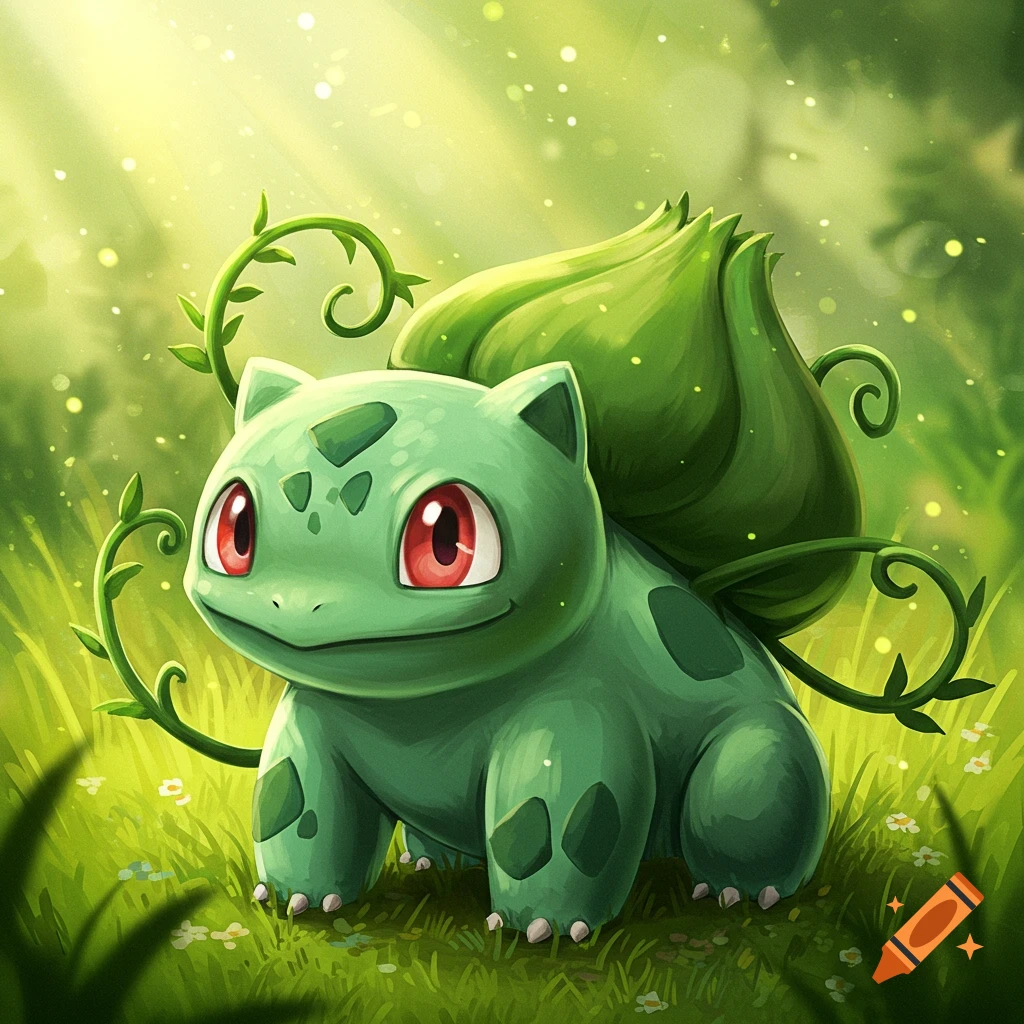 Bulbasaur sitting in a sunlit forest clearing.