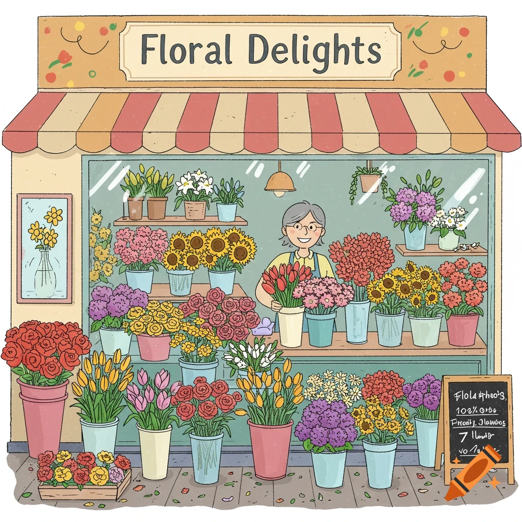 Illustration of a happy person selling flowers in a floral shop.