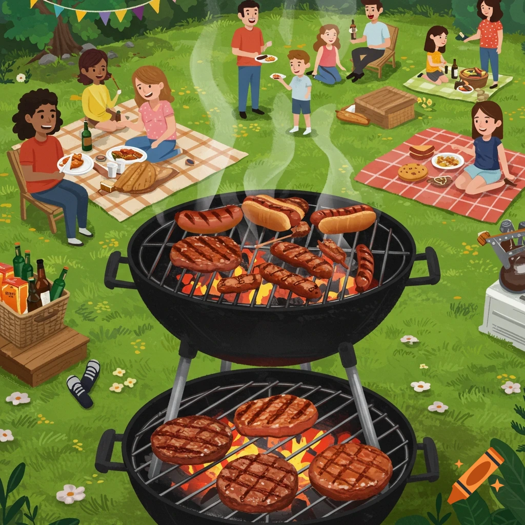 A family having a bbq picnic in a park.