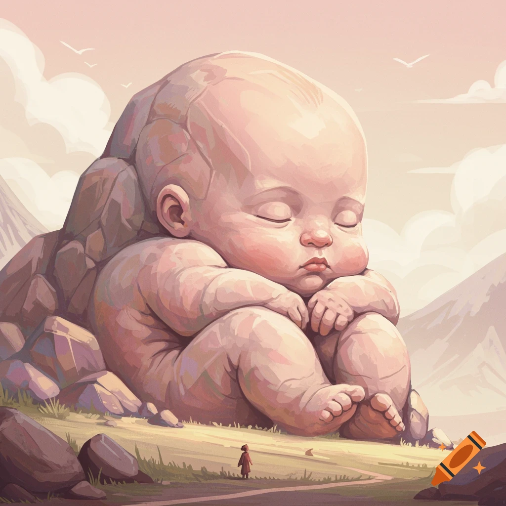 A giant rock shaped like a sleeping baby in a landscape with a tiny person.