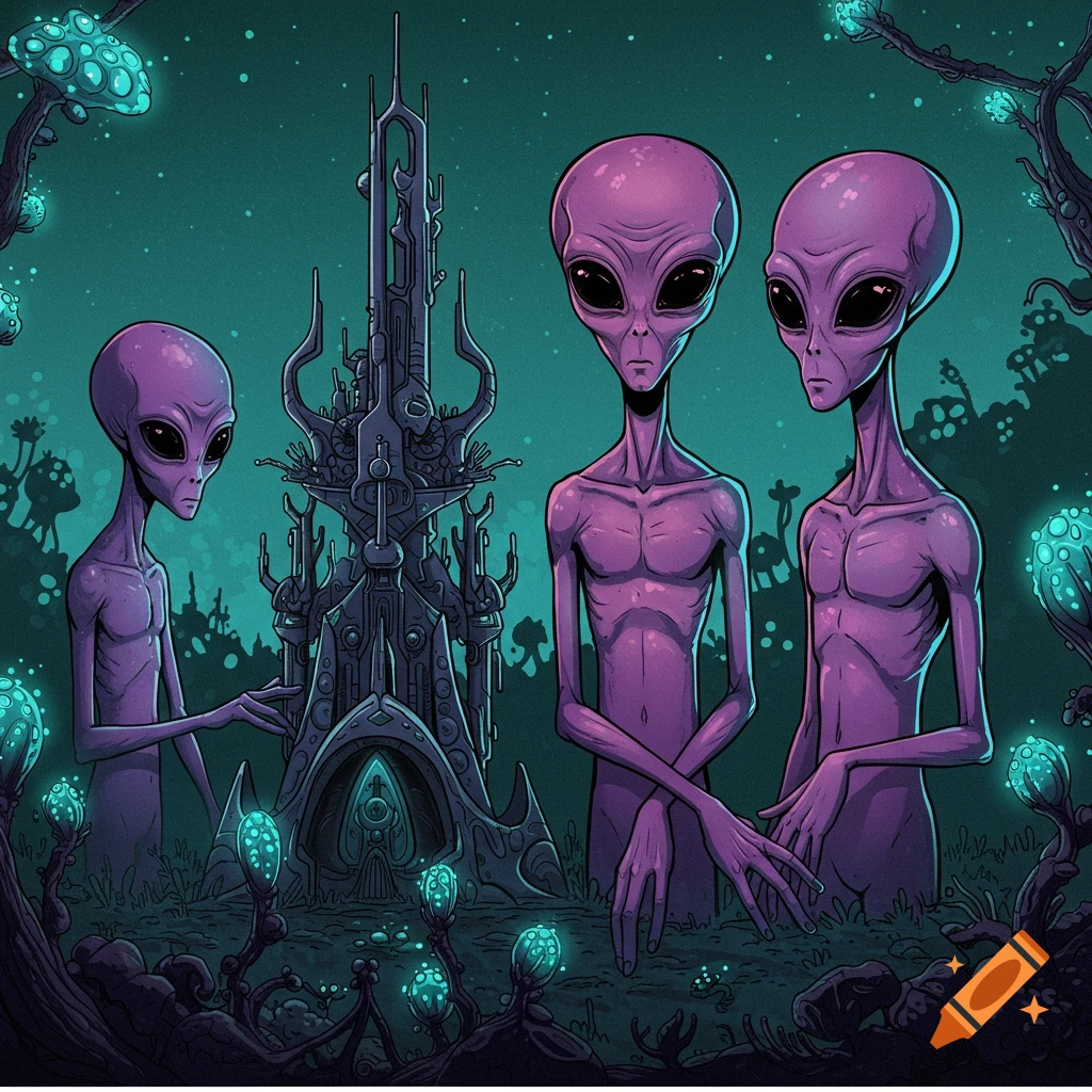 Three purple aliens in a dark alien landscape with glowing plants and a strange structure, digital art.