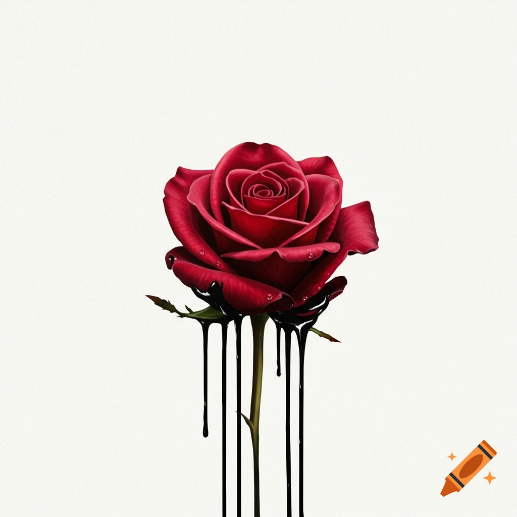 A red rose with black paint dripping down its stem on a white background.
