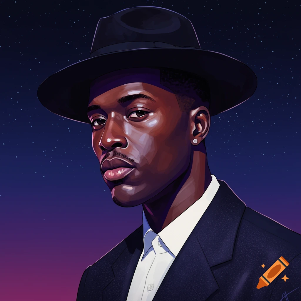 A man in a suit and hat stands against a starry night sky.