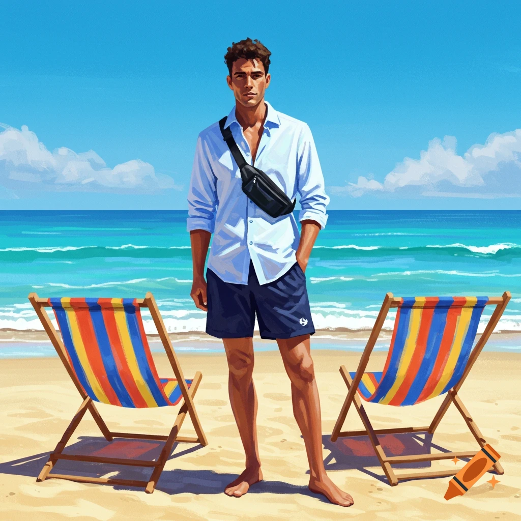 A man stands on a beach wearing a blue shirt and dark shorts next to two striped beach chairs.