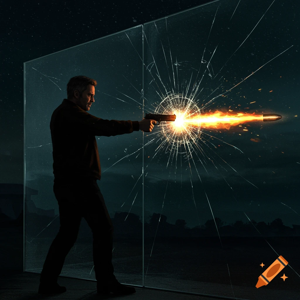 Silhouette of a man firing a gun at a glass wall, bullet breaking the glass, dark cinematic style.