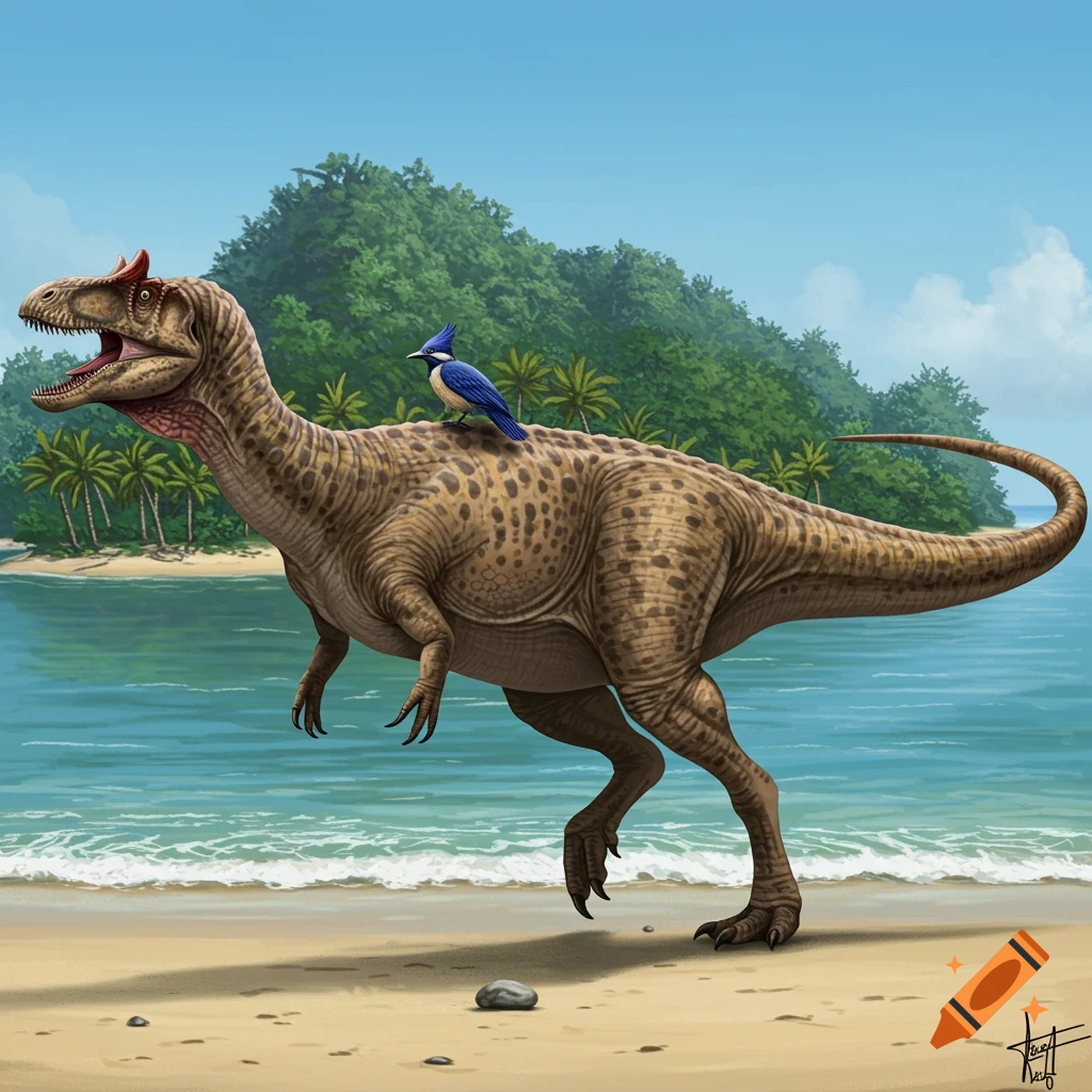 A Ceratosaurus dinosaur walks on a beach with a blue bird on its back, ocean and island behind.