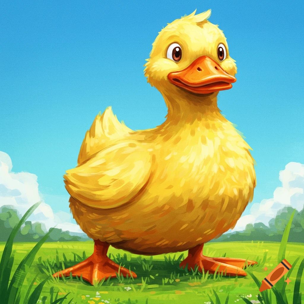 A large yellow duck stands in a grassy field under a blue sky.