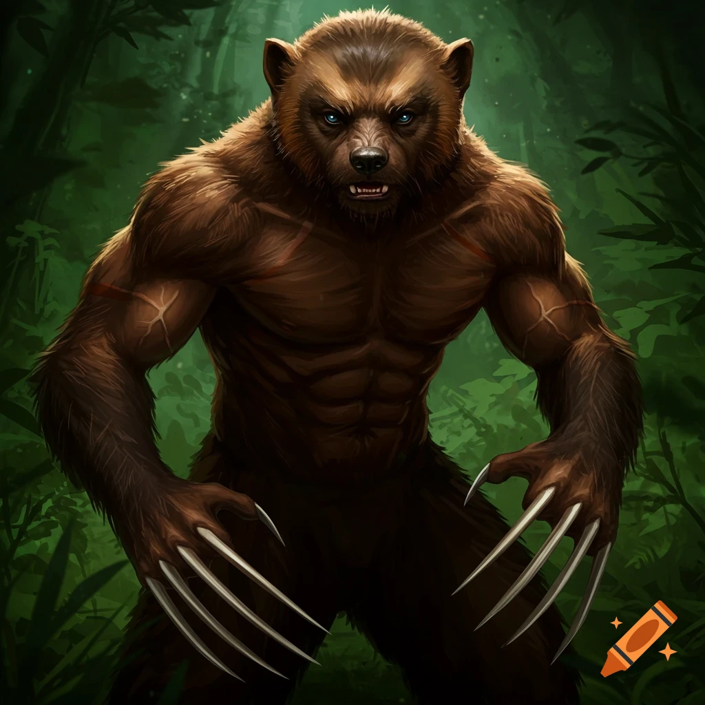 A muscular, humanoid bear/wolverine hybrid stands in a forest with claws extended.