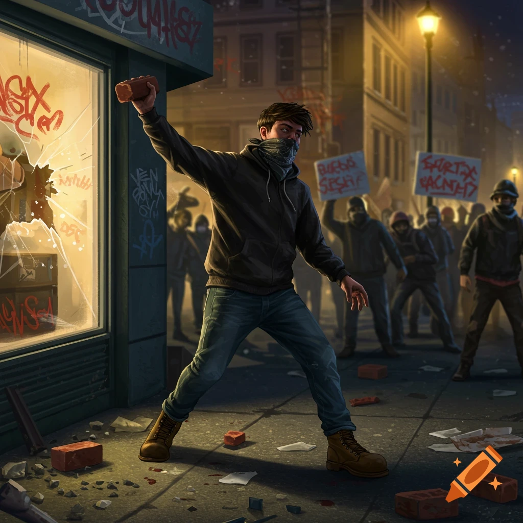 A protester throws a brick at a broken window during a street riot at night.