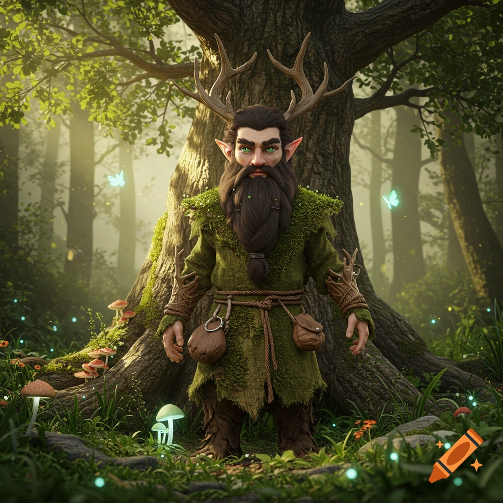 Mystical wood elf druid with antlers and beard in a forest