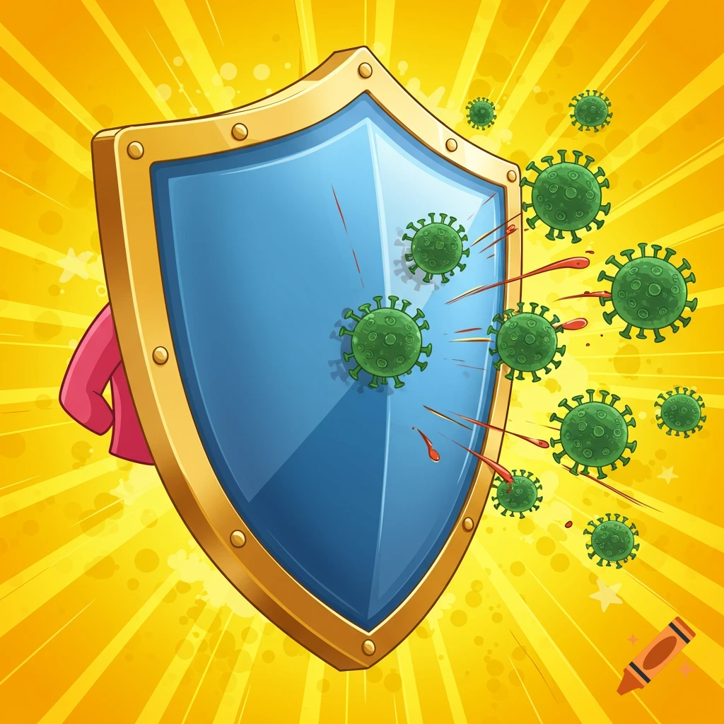 A cartoon shield blocks green virus particles, showing red splashes.