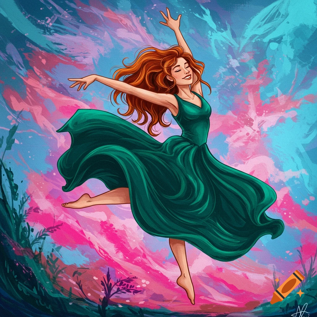 Red-haired woman in a green dress dancing against a vibrant abstract background.