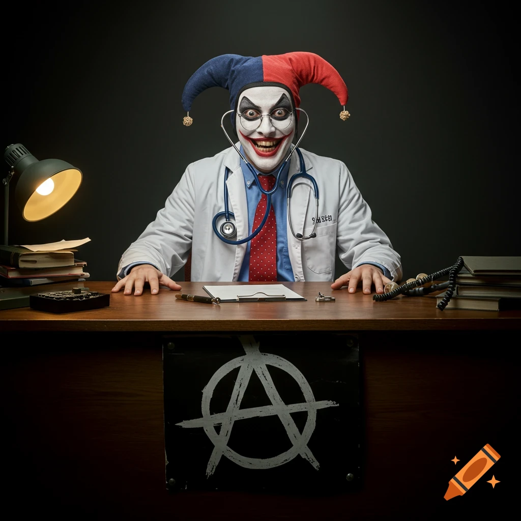 A person in jester makeup and doctor's coat sits at a desk with an anarchy symbol.