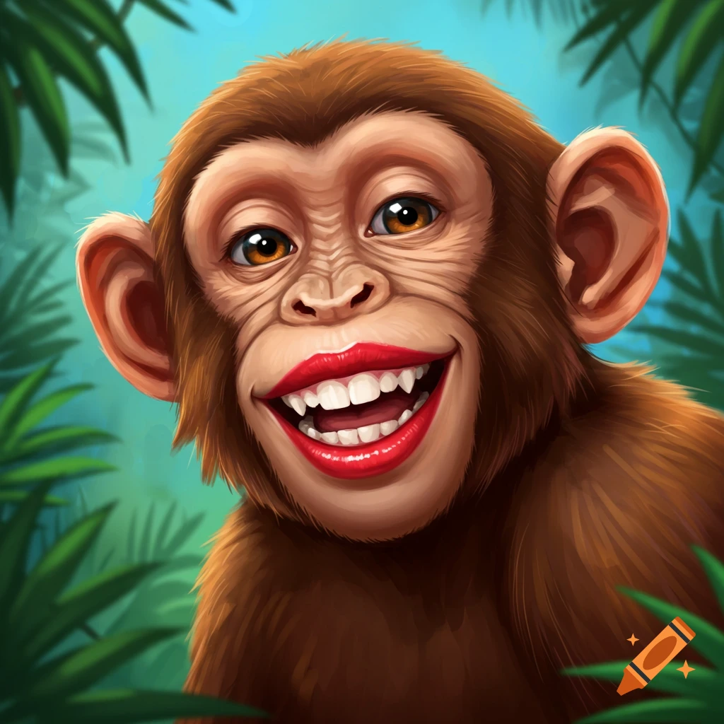 Close-up digital illustration of a smiling chimpanzee wearing red lipstick.