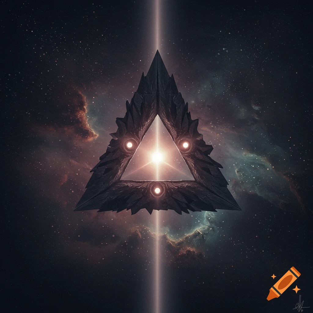 A dark, geometric triangle object with glowing lights floating in space with nebulae and stars.