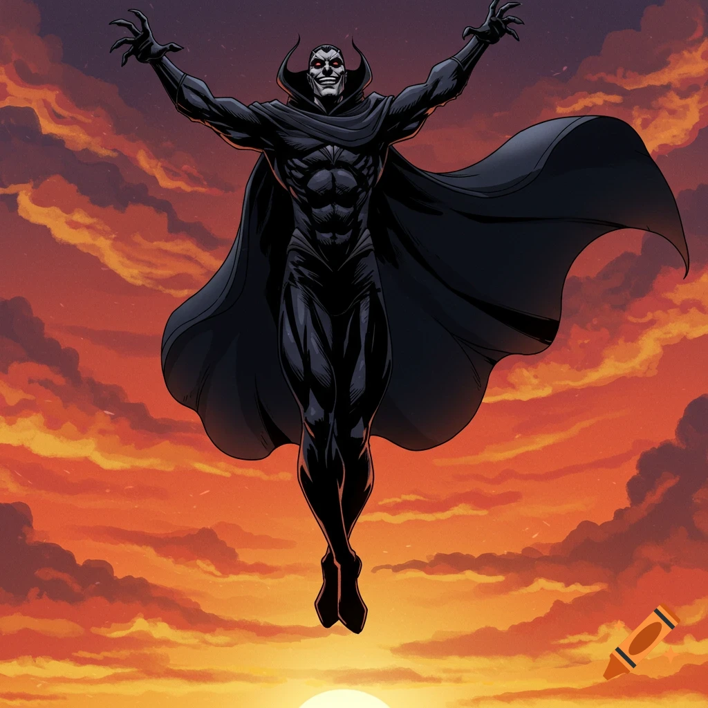Comic book style image of a villain in a black suit and cape flying over a dramatic sunset.