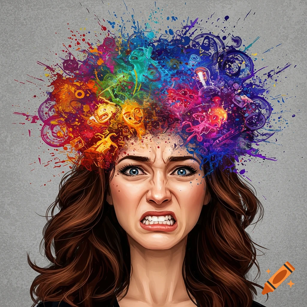 A stressed woman is shown with colorful abstract shapes exploding from her head.