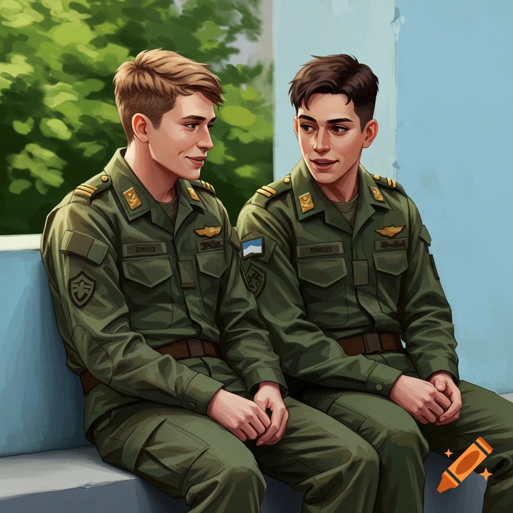 Two young men in military uniforms are sitting and talking.