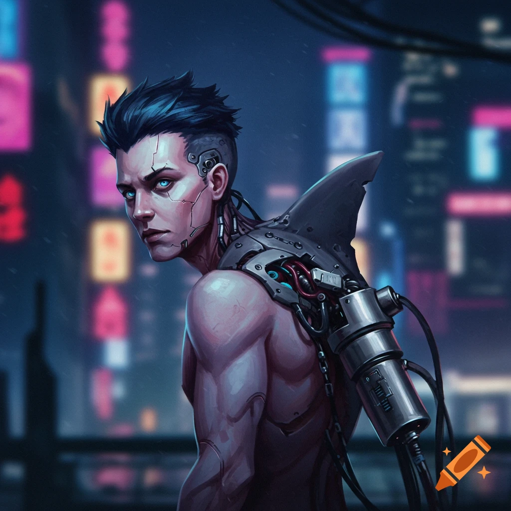 A cyberpunk character with cybernetic implants, a shark fin attachment, and a mechanical arm stands in a rainy city.