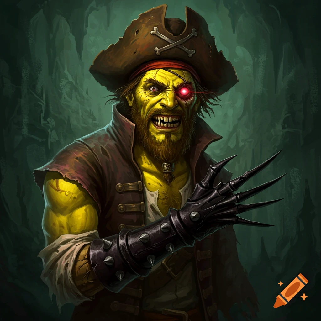 A spooky pirate with yellow skin, red eye, and spiky metal claw, in a dark cave.