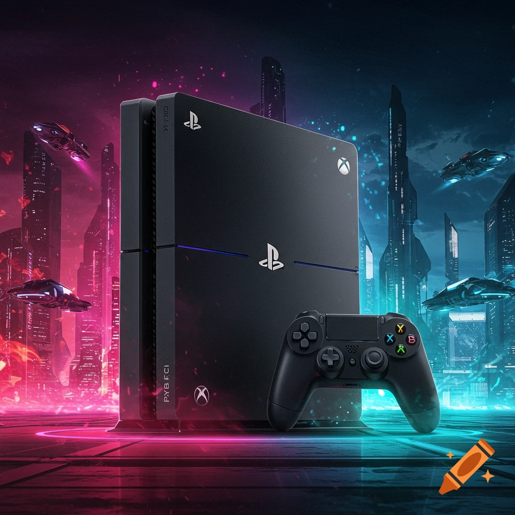 Hybrid PS4/Xbox console and controller in a neon-lit futuristic city with flying vehicles.