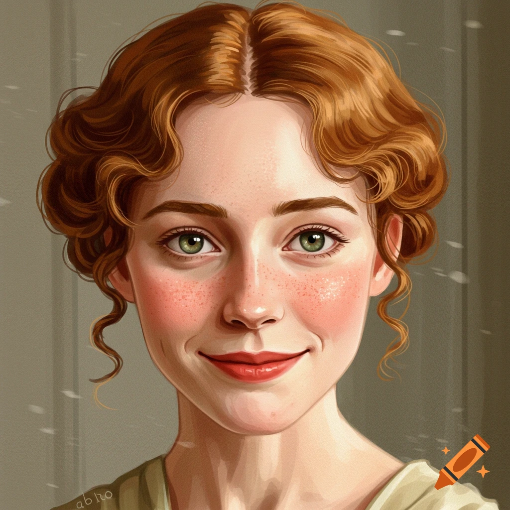 Young woman with red hair, green eyes, and freckles.
