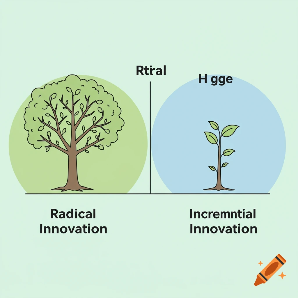Illustration diagram comparing radical innovation (large tree) and incremental innovation (small sprout) with labels.