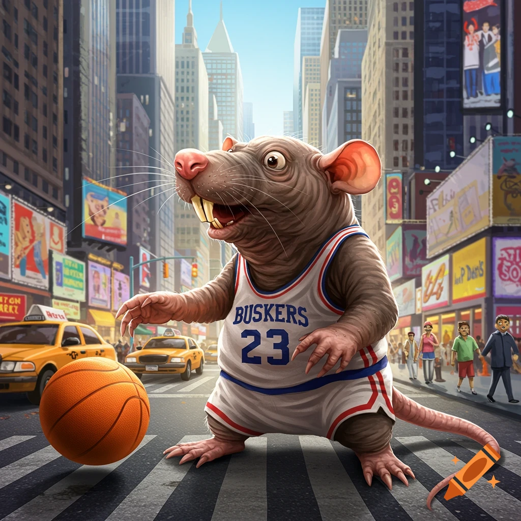 A large rat wearing a basketball jersey dribbles a ball on a New York City street.