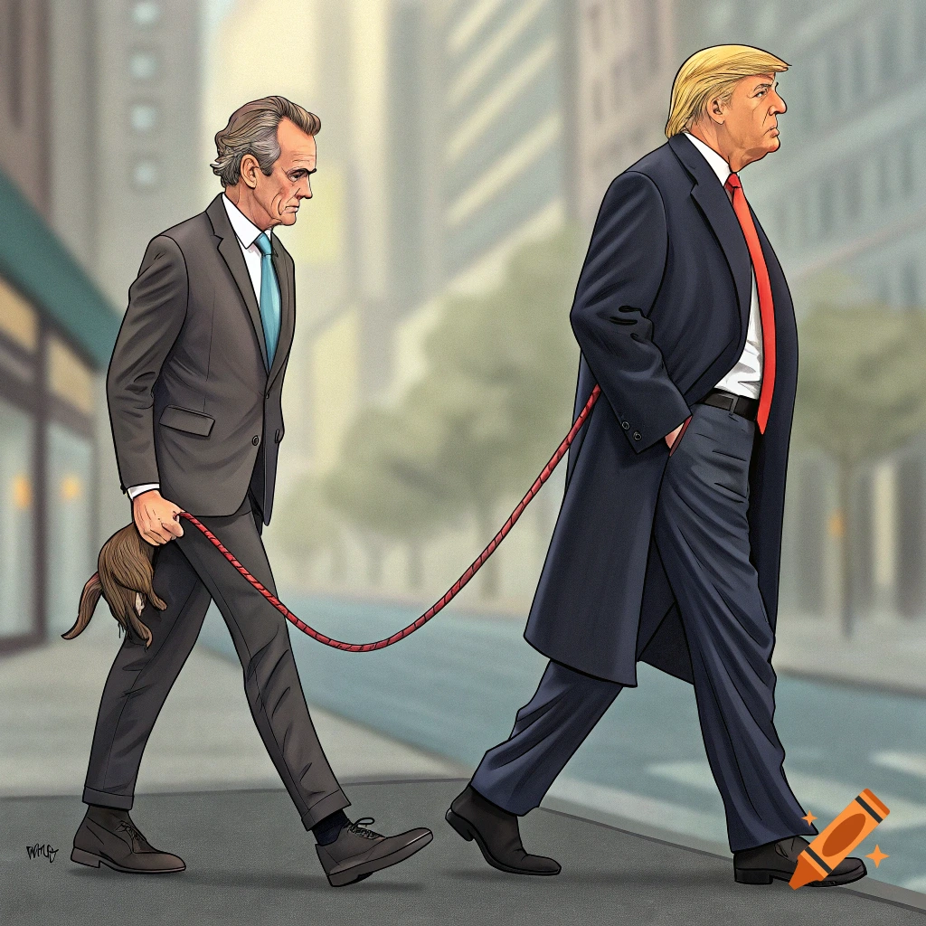 Illustration of RFK Jr. leading Donald Trump on a leash, with Trump holding a ferret, on a city street.