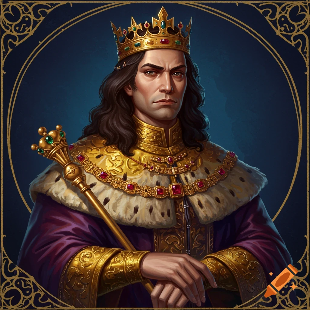 Digital portrait of a regal king with long dark hair, wearing a gold crown, elaborate gold and fur robe, and holding a scepter.