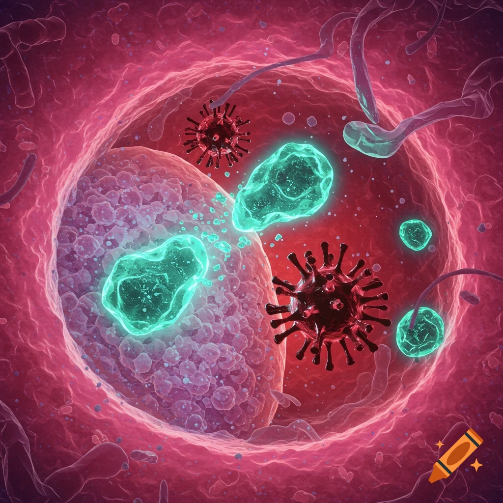 T cells (cyan) surrounding and interacting with a virus (red) in a microscopic view.