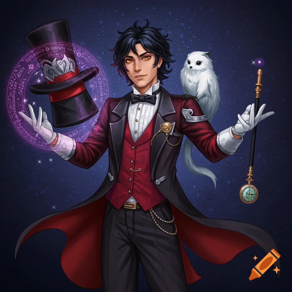 A young man in a magician's suit with an owl on his shoulder and a glowing magic circle around a floating top hat.