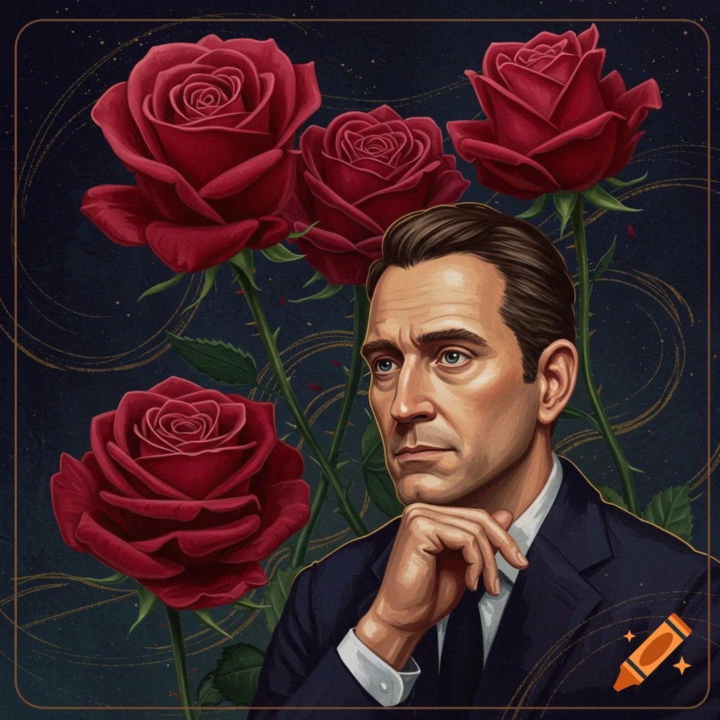 A man is shown with his hand on his chin, surrounded by red roses.