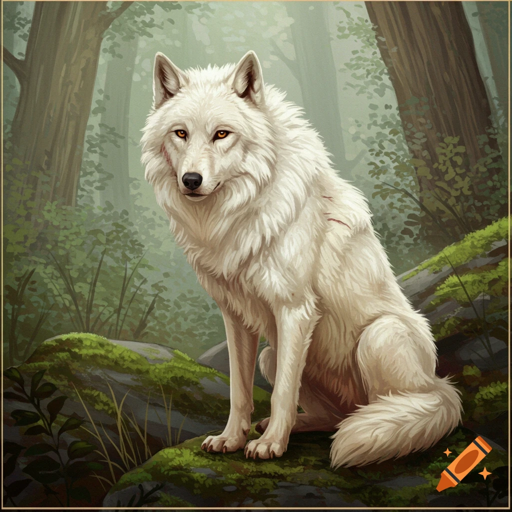 A white wolf sitting in a forest.