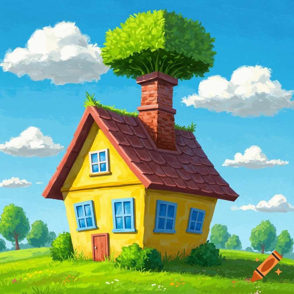 A cartoon yellow house with a tree growing out of its chimney on a grassy hill under a blue sky.