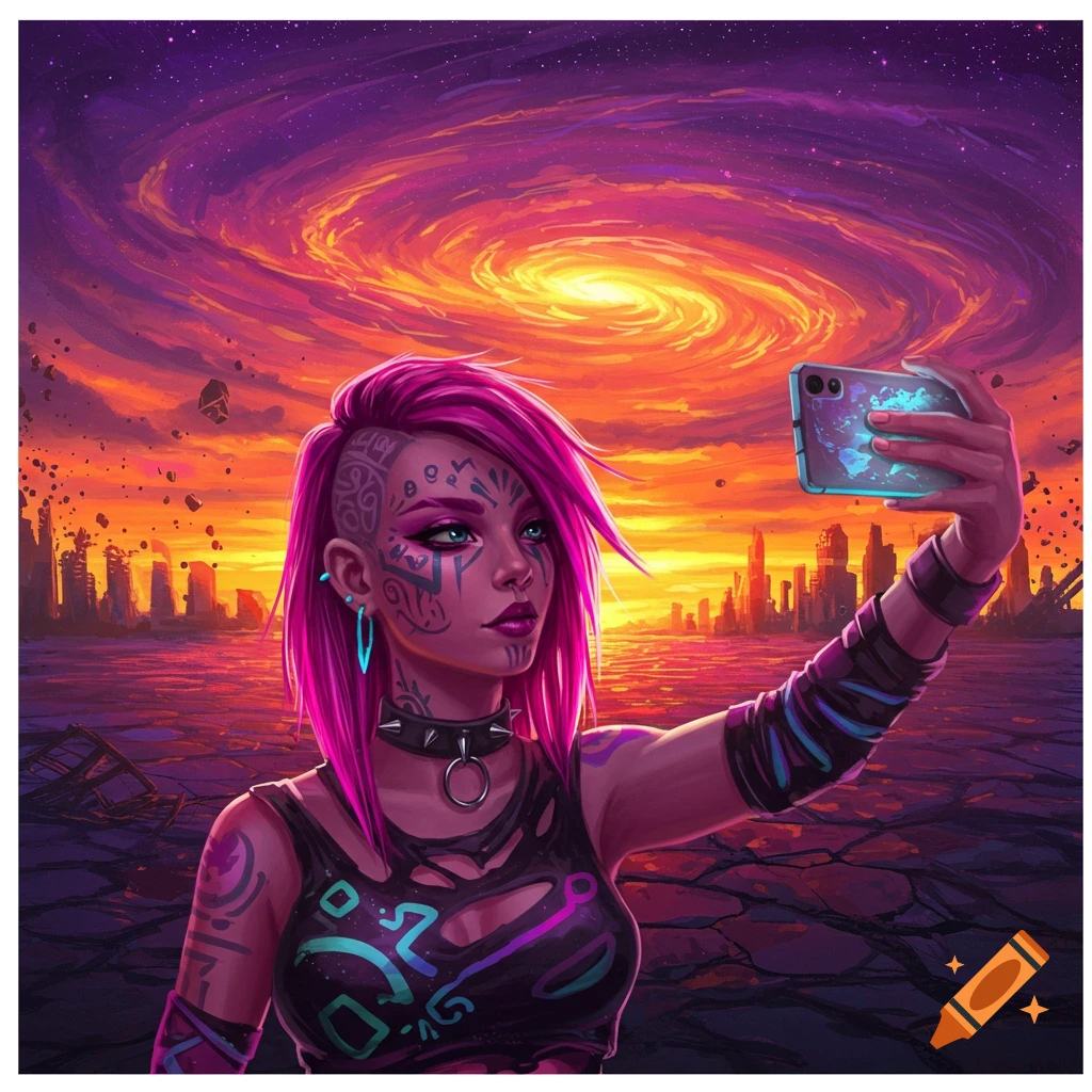 A woman with pink hair and tattoos takes a selfie in a vibrant, apocalyptic landscape with a swirling sky and city ruins.