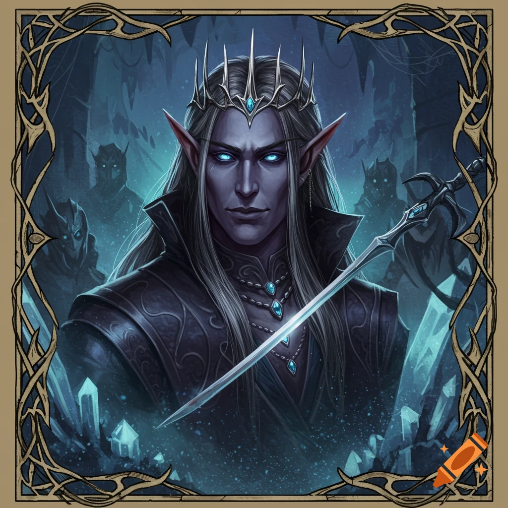 A dark elf character wearing a crown and holding a sword, surrounded by crystals.