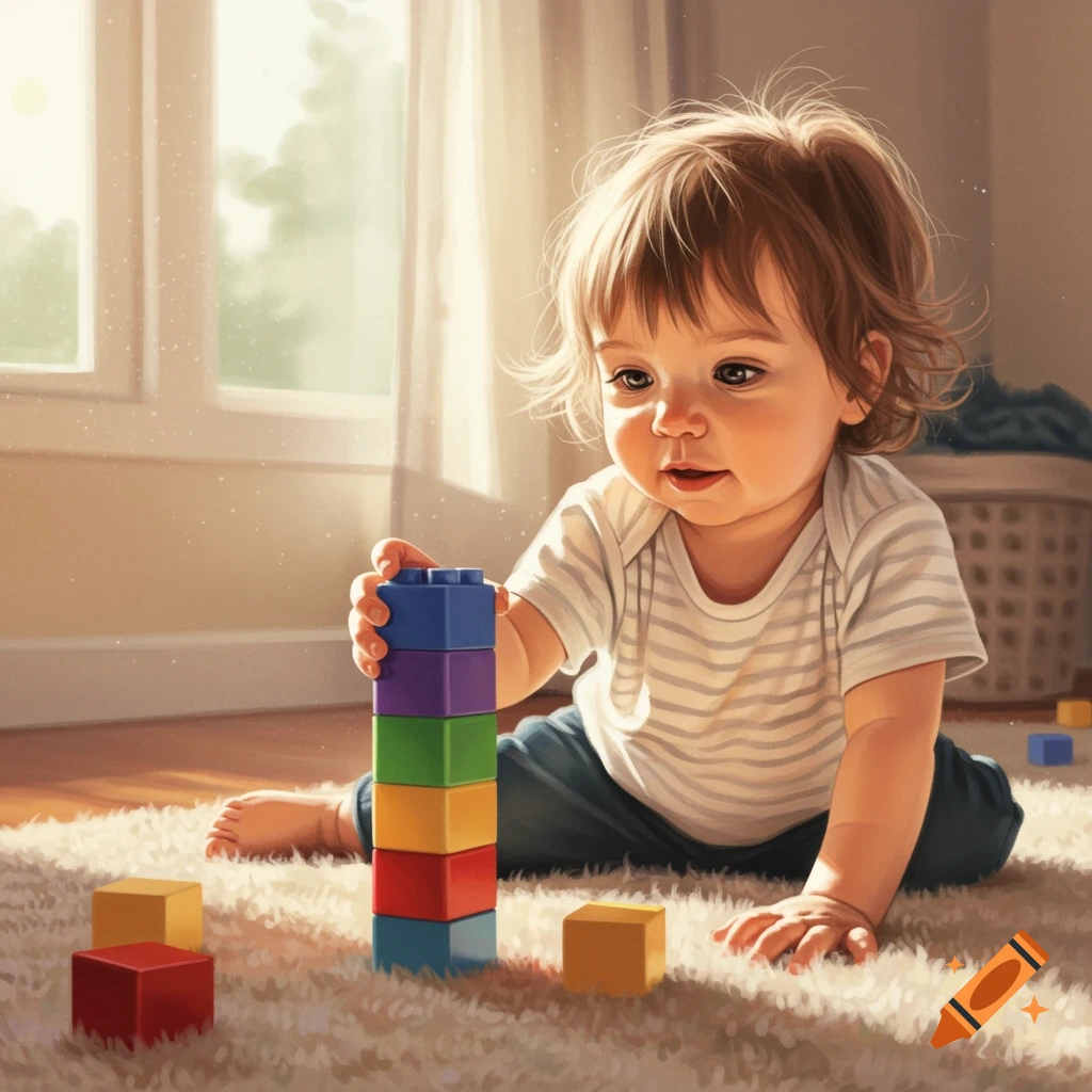 Toddler playing with colorful blocks on a rug in a sunny room.