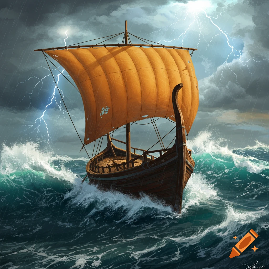 A sailboat with an orange sail on rough seas under lightning in a storm
