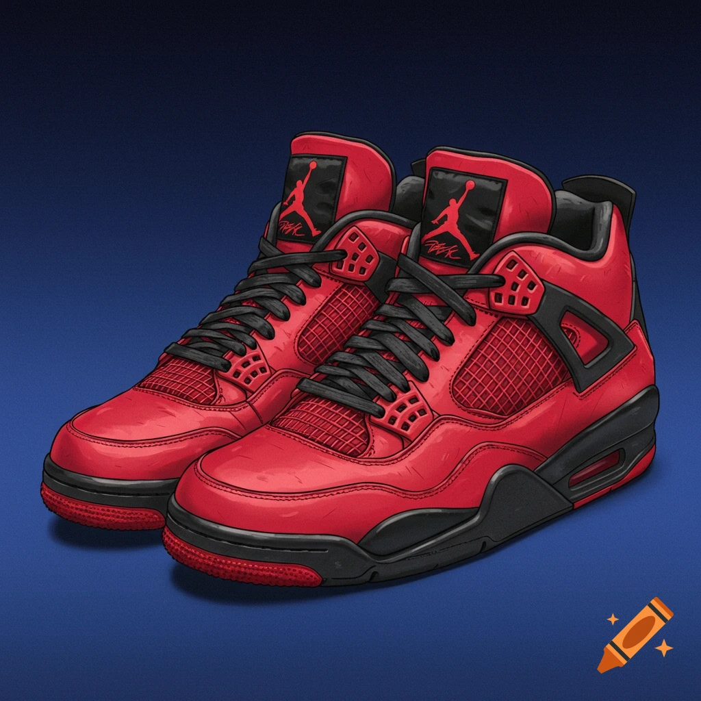 Red and black Nike Jordan 4 sneakers.