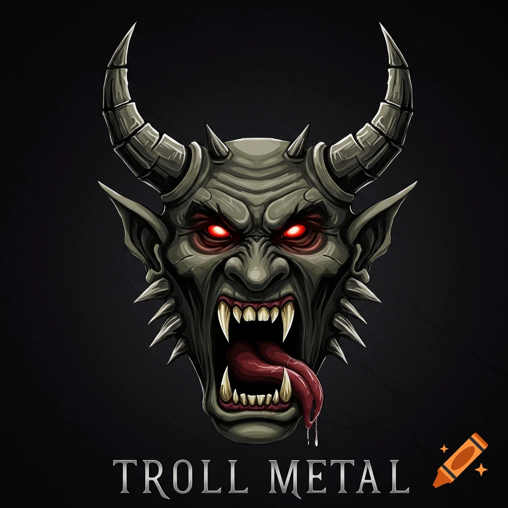A stylized illustration of a monstrous head with horns, fangs, and red eyes, above the text TROLL METAL.