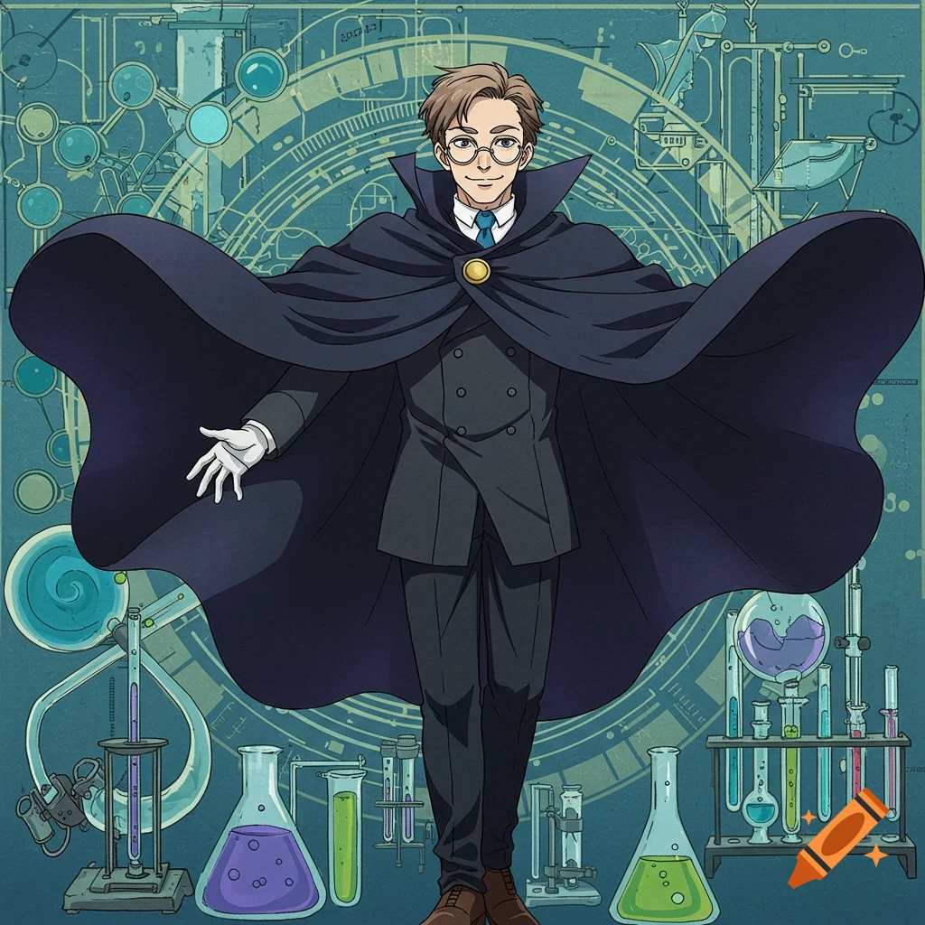 Anime illustration of a scientist in a suit and black cape standing in a laboratory.