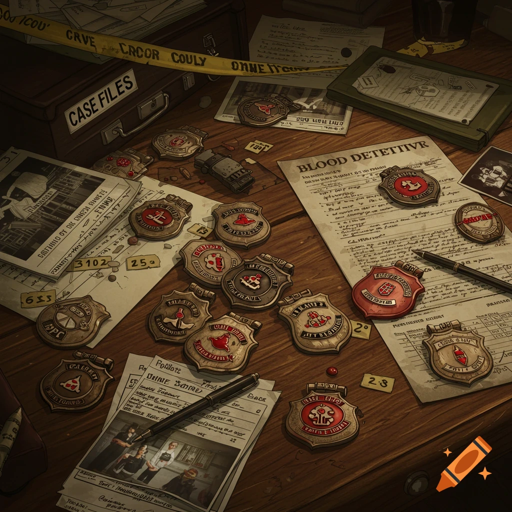 Detective badges, case files, and documents scattered on a table.