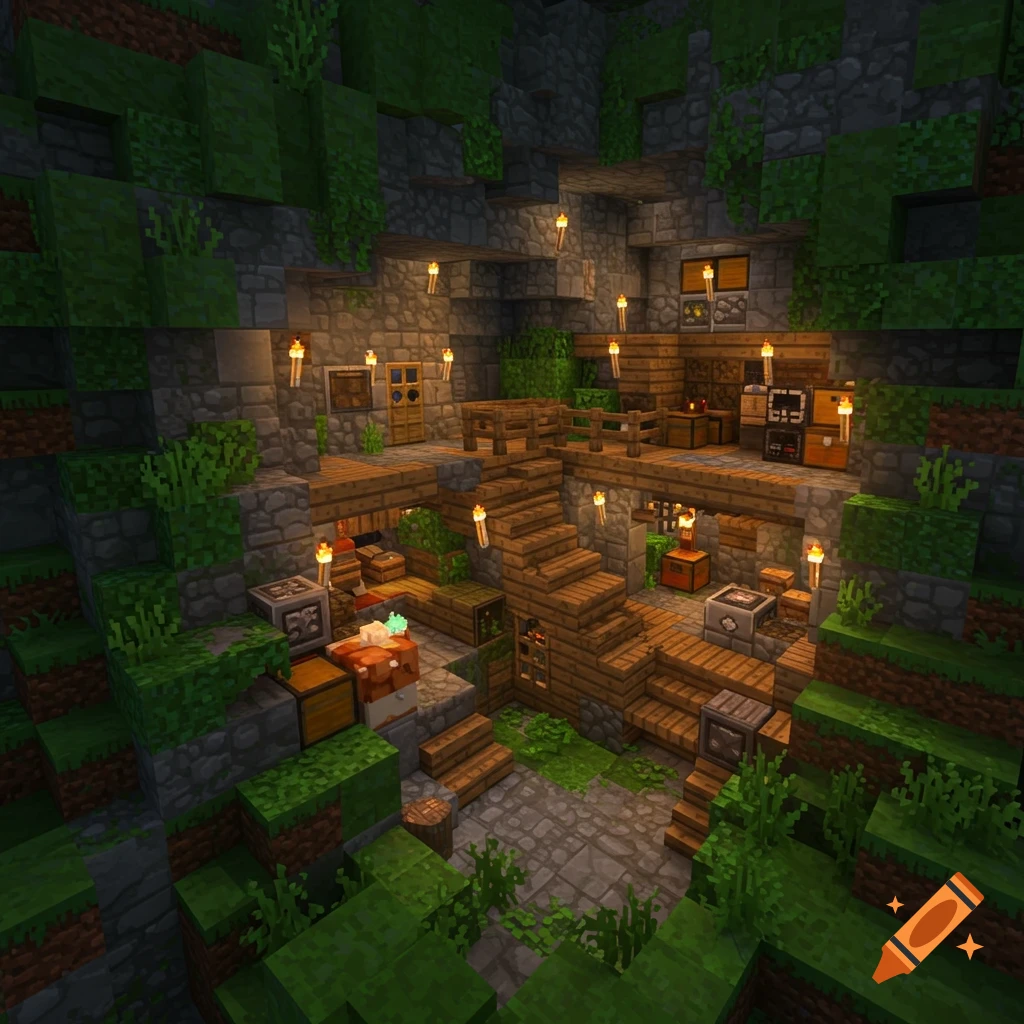 A detailed Minecraft build of a multi-level cave house with wooden stairs, chests, torches, and greenery covering the stone walls.